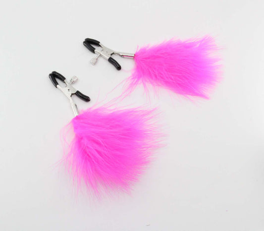 Love in Leather - Nipple Clamps with Feather Tassel - Hot Pink