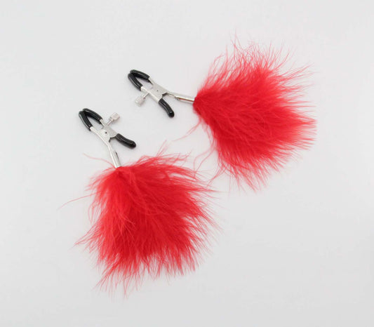 Love in Leather - Nipple Clamps with Feather Tassel - Red