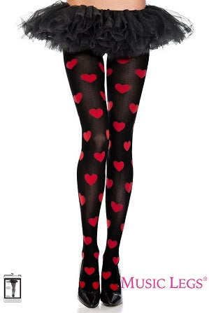 Music Legs - Heart Print Spandex Opaque Pantyhose