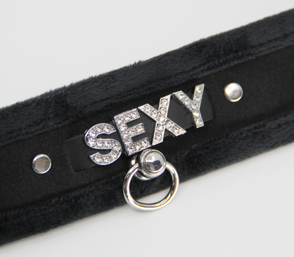 Love in Leather - Diamanté Embellished Soft Collar - 'Sexy' - Black