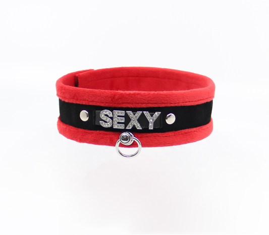 Love in Leather - Diamanté Embellished Soft Collar - 'Sexy' - Red