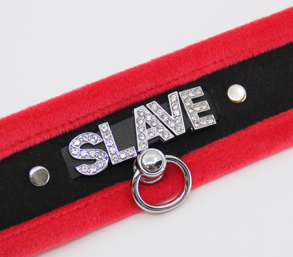 Love in Leather - Diamanté Embellished Soft Collar - 'Slave' - Red