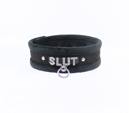 Love in Leather - Diamanté Embellished Soft Collar - 'Slut' - Black