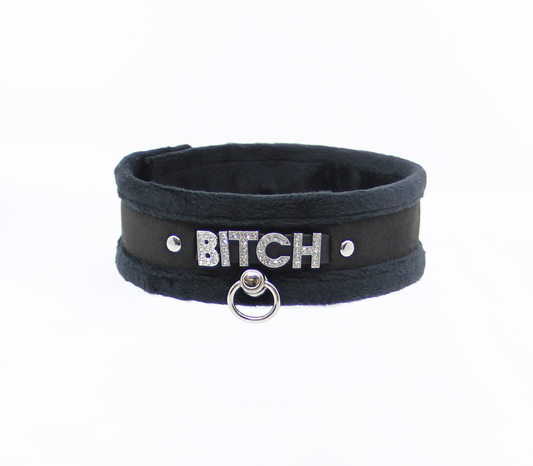 Love in Leather - Diamanté Embellished Soft Collar - 'Bitch' - Black