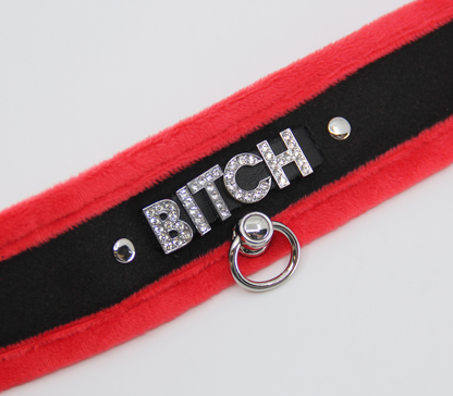 Love in Leather - Diamanté Embellished Soft Collar - 'Bitch' - Red