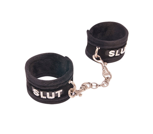 Love in Leather - Diamanté Embellished Soft Cuffs - 'Slut' - Black