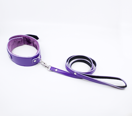 Love in Leather - Faux Leather Collar & Lead with Fur Lining - Purple