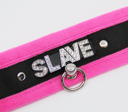 Love In Leather - Diamanté Embellished Soft Collar - 'Slave' - Pink