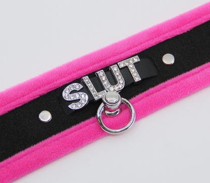 Love in Leather - Diamanté Embellished Soft Collar - 'Slut' - Pink