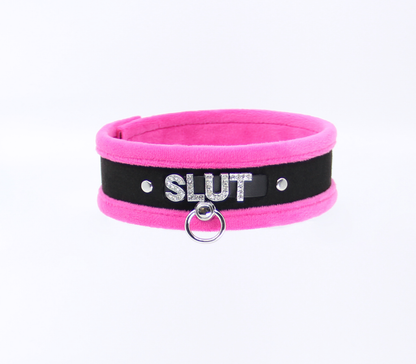 Love in Leather - Diamanté Embellished Soft Collar - 'Slut' - Pink