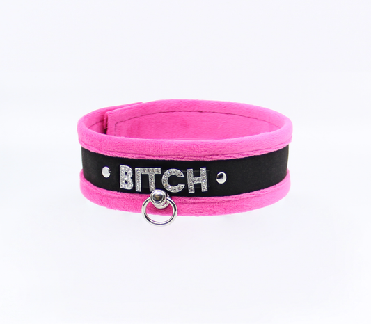 Love in Leather - Diamanté Embellished Soft Collar - 'Bitch' - Pink