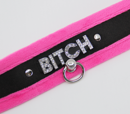 Love in Leather - Diamanté Embellished Soft Collar - 'Bitch' - Pink