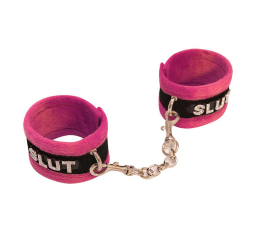 Love in Leather - Diamanté Embellished Soft Cuffs - 'Slut' - Pink