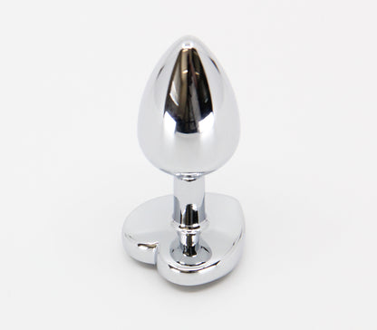 Love in Leather - Silver Chrome Metal Butt Plug With Heart Gem