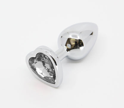 Love in Leather - Silver Chrome Metal Butt Plug With Heart Gem