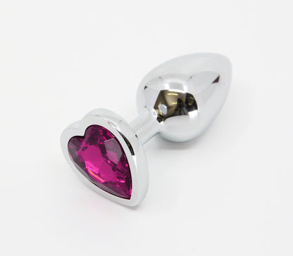 Love in Leather - Silver Chrome Metal Butt Plug With Heart Gem