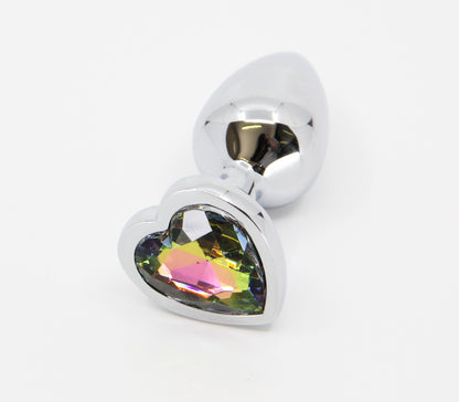 Love in Leather - Silver Chrome Metal Butt Plug With Heart Gem